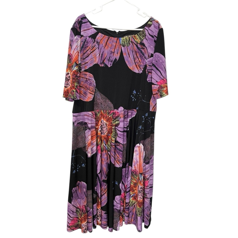 Marc Bouwer 3X Black Purple Floral Jersey Dress Short Sleeve Empire Waist Boho